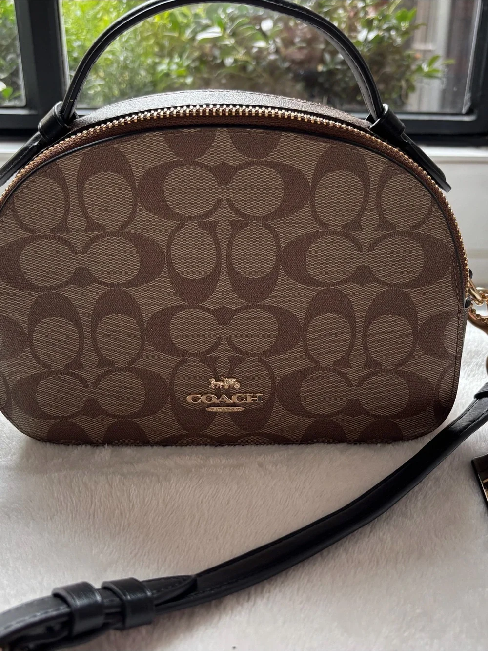 Coach Brown Signature Dome Crossbody with Black Strap